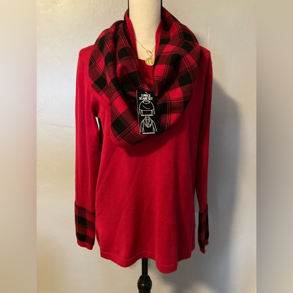 NWT 2 piece set Sienna Sage red sweater and plaid scarf